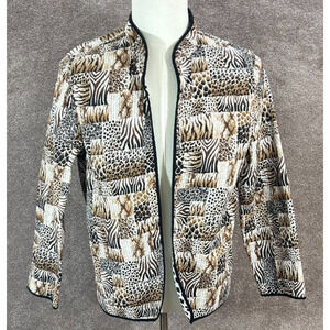 Alfred Dunner Jacket Womens Large Tan‎ Quilted Patchwork Animal Print Open Front